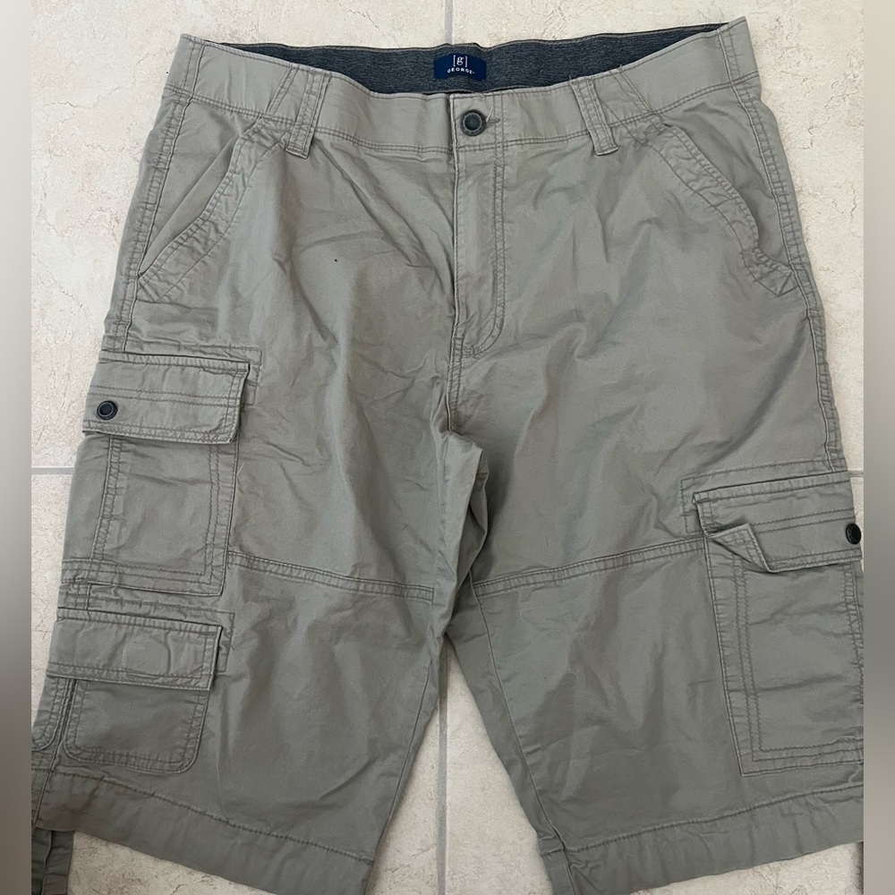 George Mens Long Khaki Cargo Shorts with Belt Loops